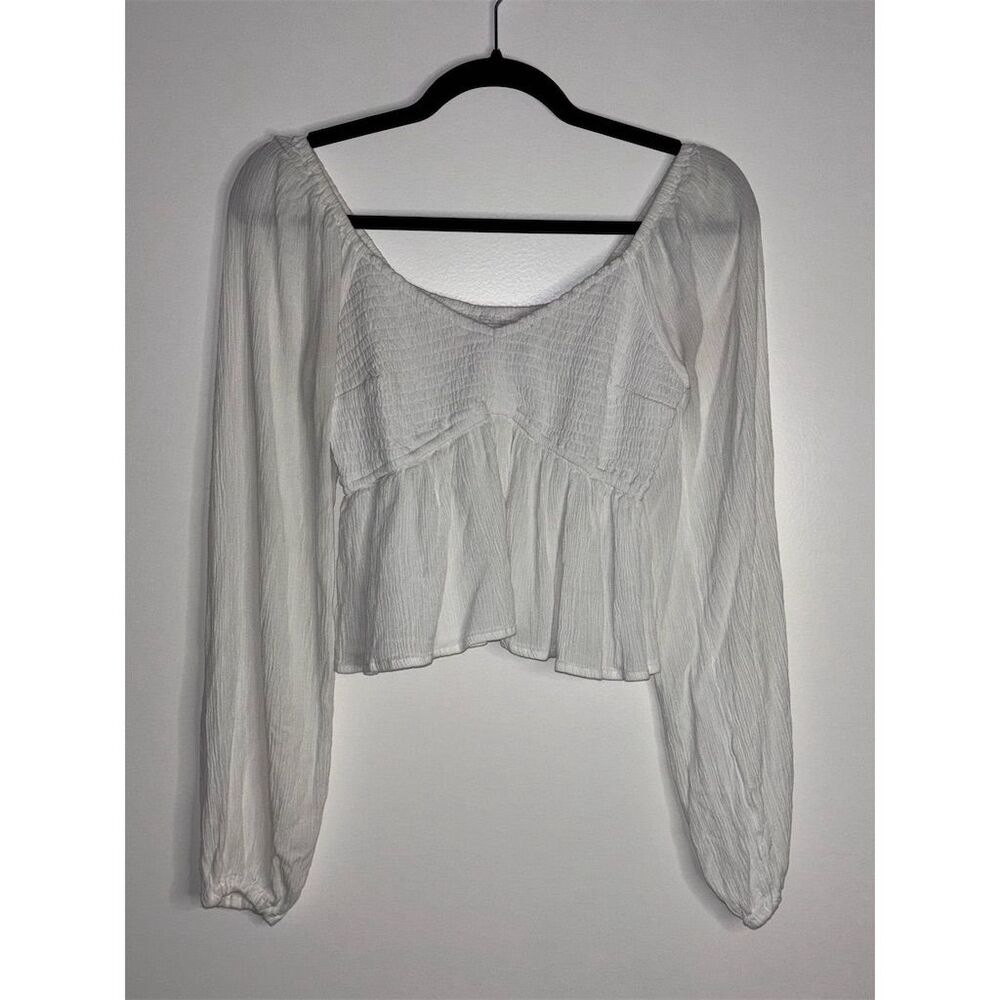 Hollister Women's Long-Sleeve Smocked Babydoll Top White Size S